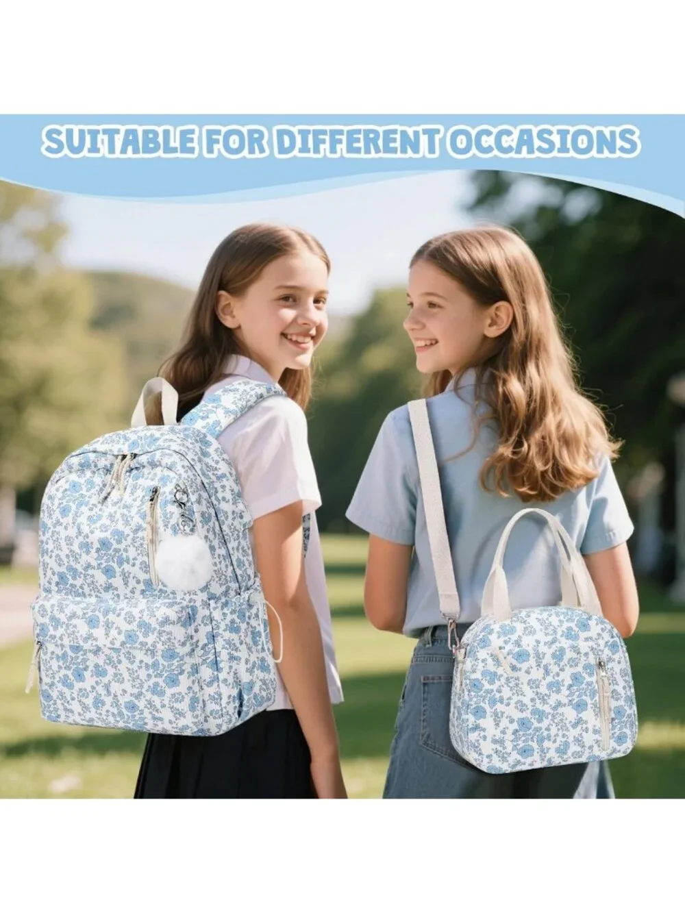 3PCS Girls Corduroy Backpack Set with Lunch Box & Pencil Bag - Blue Floral